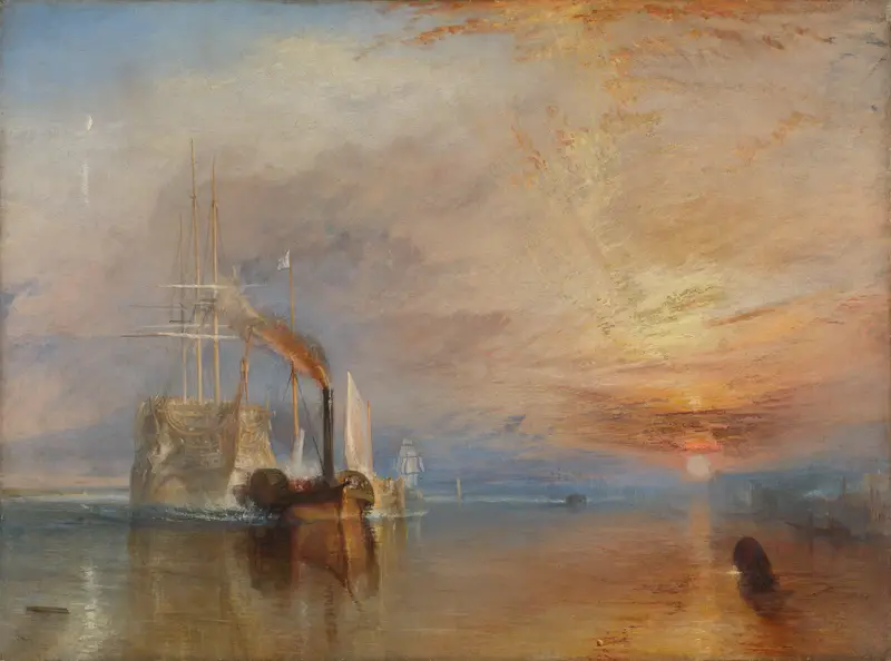 J.M.W. Turner, The Fighting Temeraire, 1839 — das alte Kriegsschiff wird vom Dampfschlepper zum Abwracken geschleppt